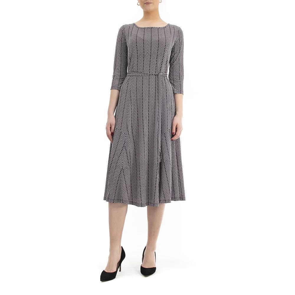Women's Nina Leonard Belted 3/4 Sleeve Print Midi Dress,  Product Image
