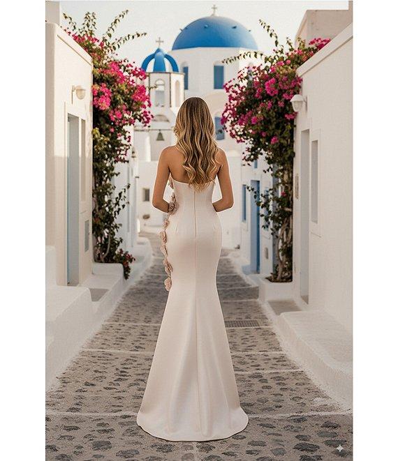 Terani Couture Mikado Strapless Floral Applique Sheath Gown Product Image