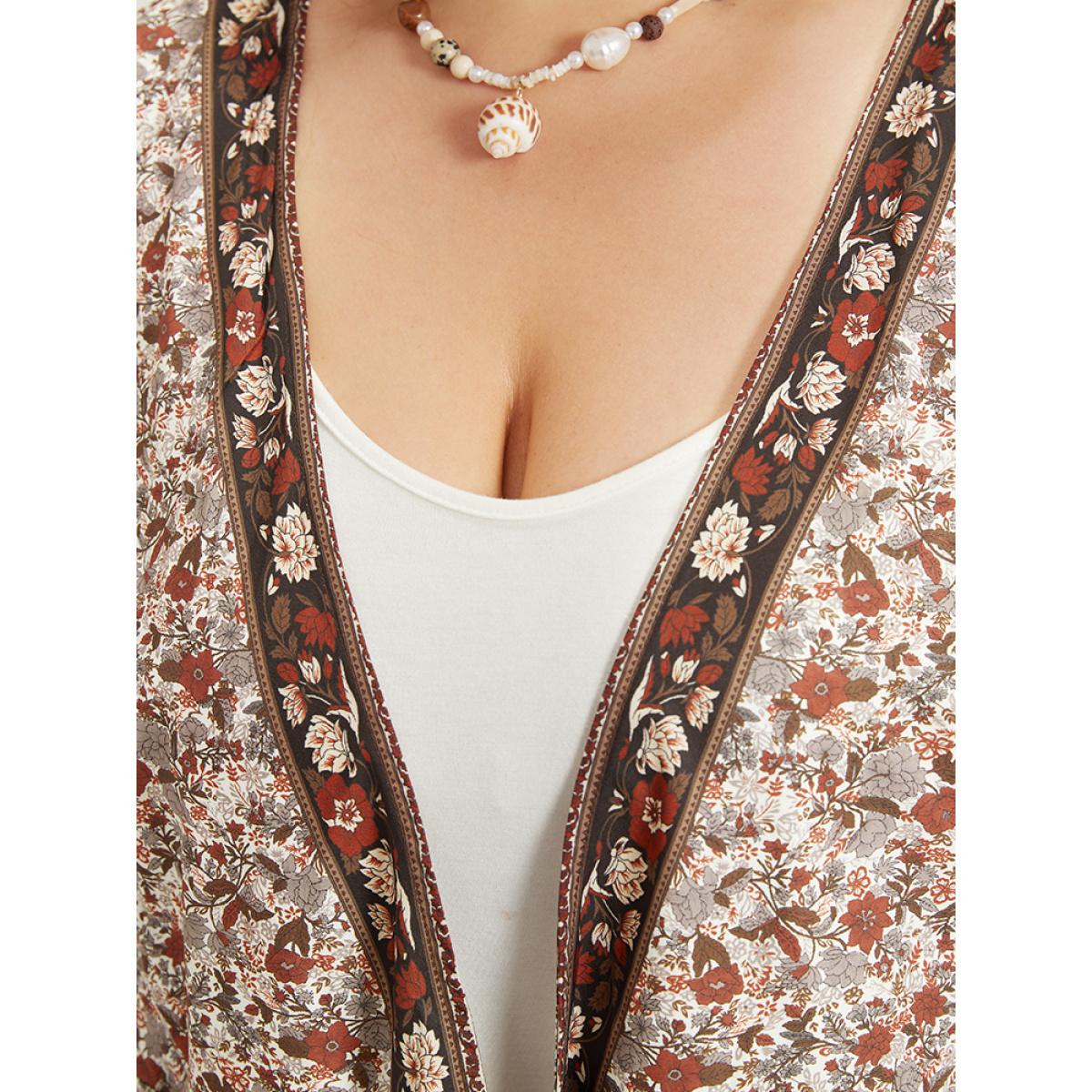 Plus Size Bandana Print Belted Open Front Bell Sleeve Kimono Women Maroon Resort Belted Loose Belt Vacation Kimonos BloomChic 12/L Product Image