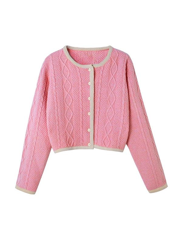 Contrast Color Trim Argyle Cable Knit Cardigan Product Image
