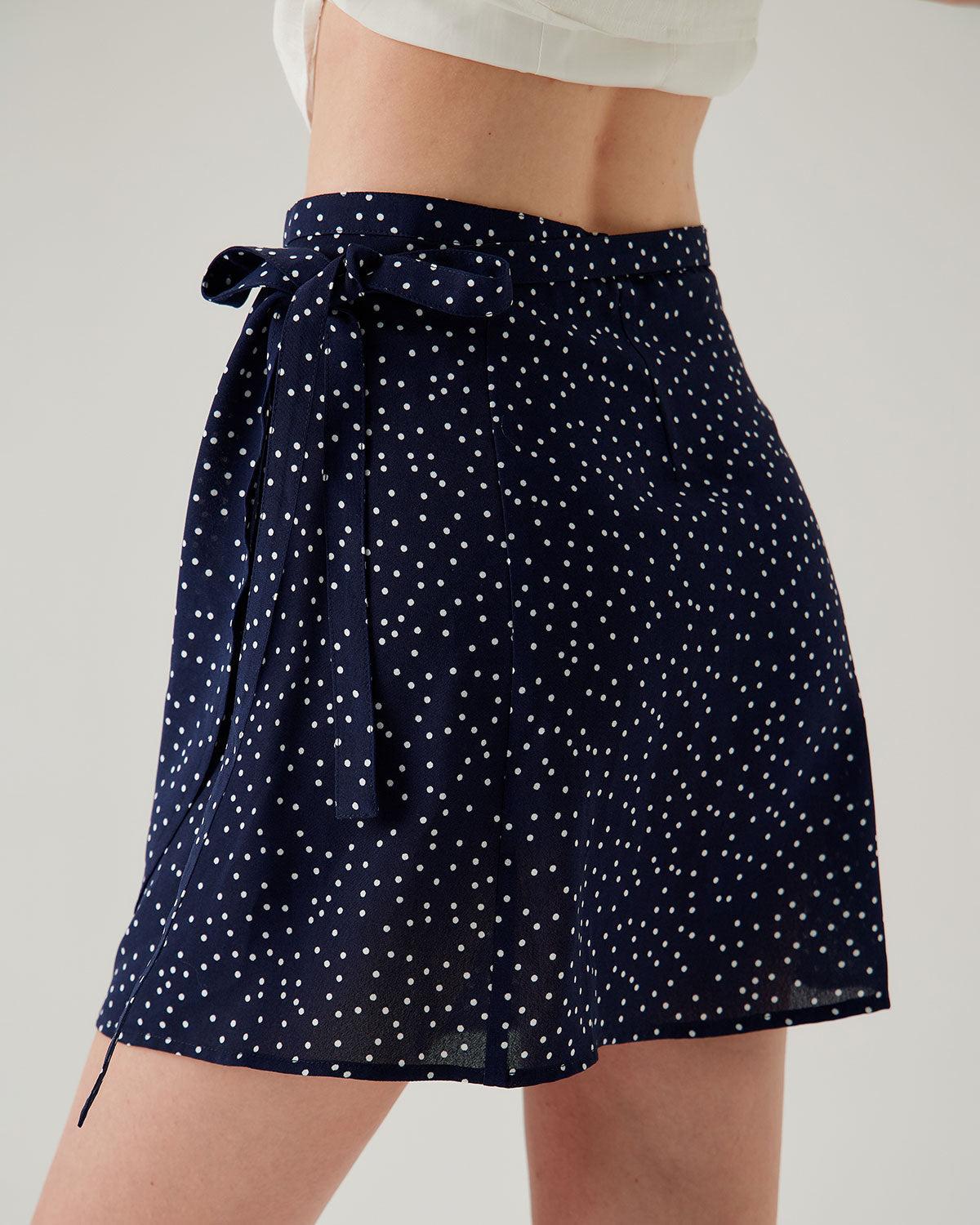 Navy Polka Dot Wrap Mini Skirt Product Image