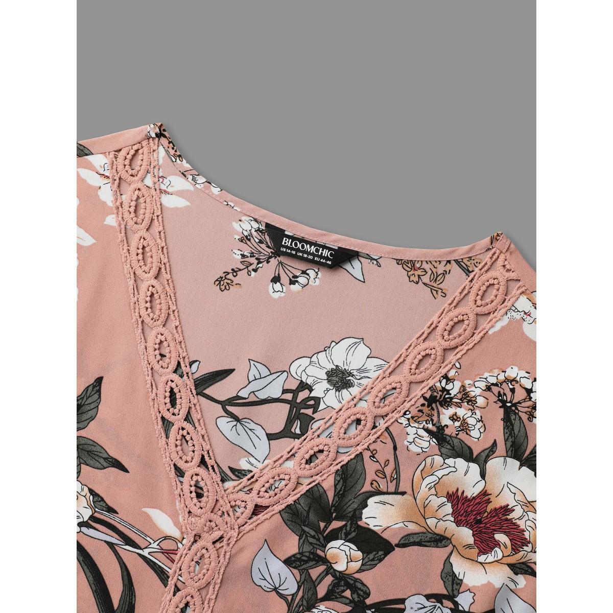 Plus Size Dirtypink Blooming Flower Print Webbing Spliced Blouse Women Elegant Elbow-length sleeve V-neck Everyday Blouses BloomChic 10/M Product Image