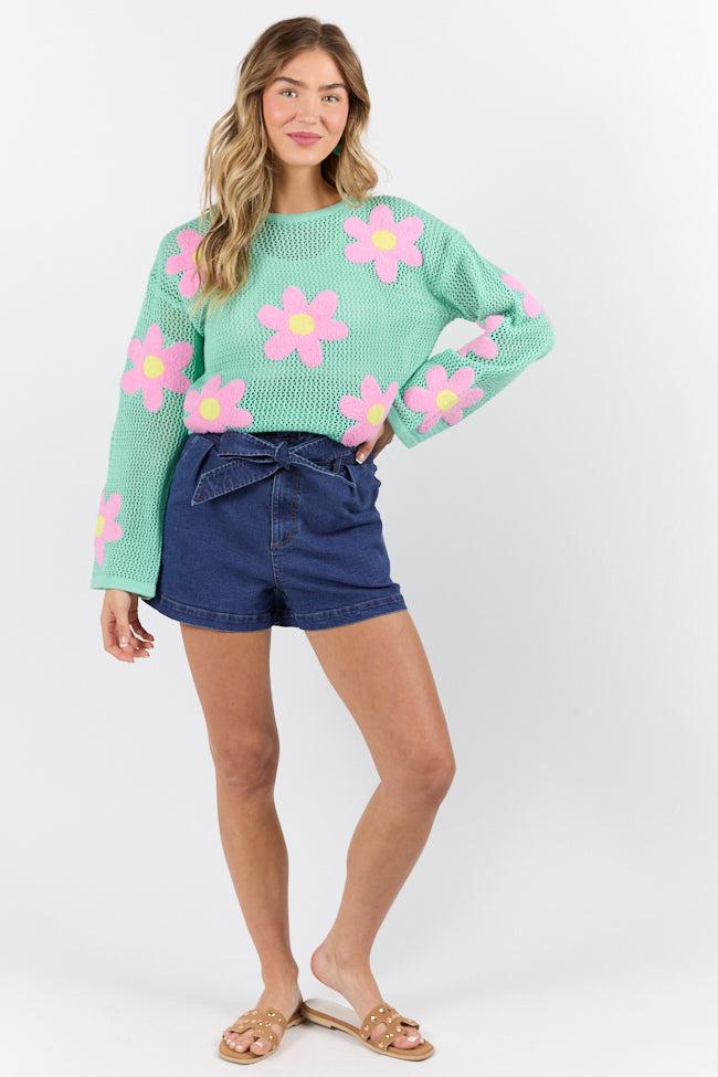 Follow You Around Mint And Pink Flower Embroidered Sweater FINAL SALE Product Image