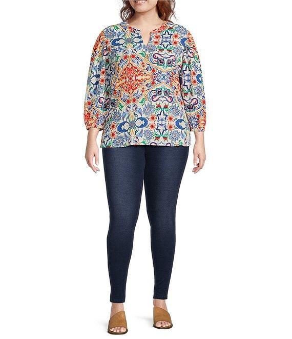 Calessa Plus Size Textured Crinkle Knit Florentine Mosaic Print Banded Split V-Neck 3/4 Balloon Sleeve Tunic Product Image