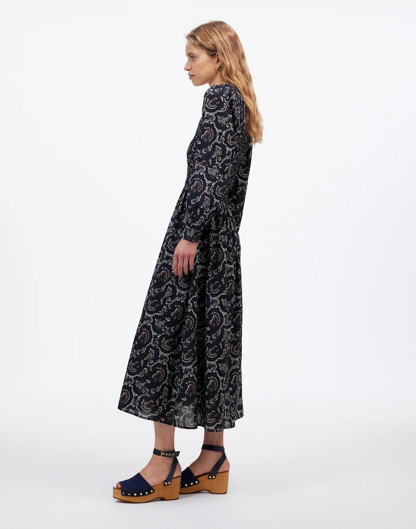 Smocked V-Neck Midi Dress in Paisley Product Image