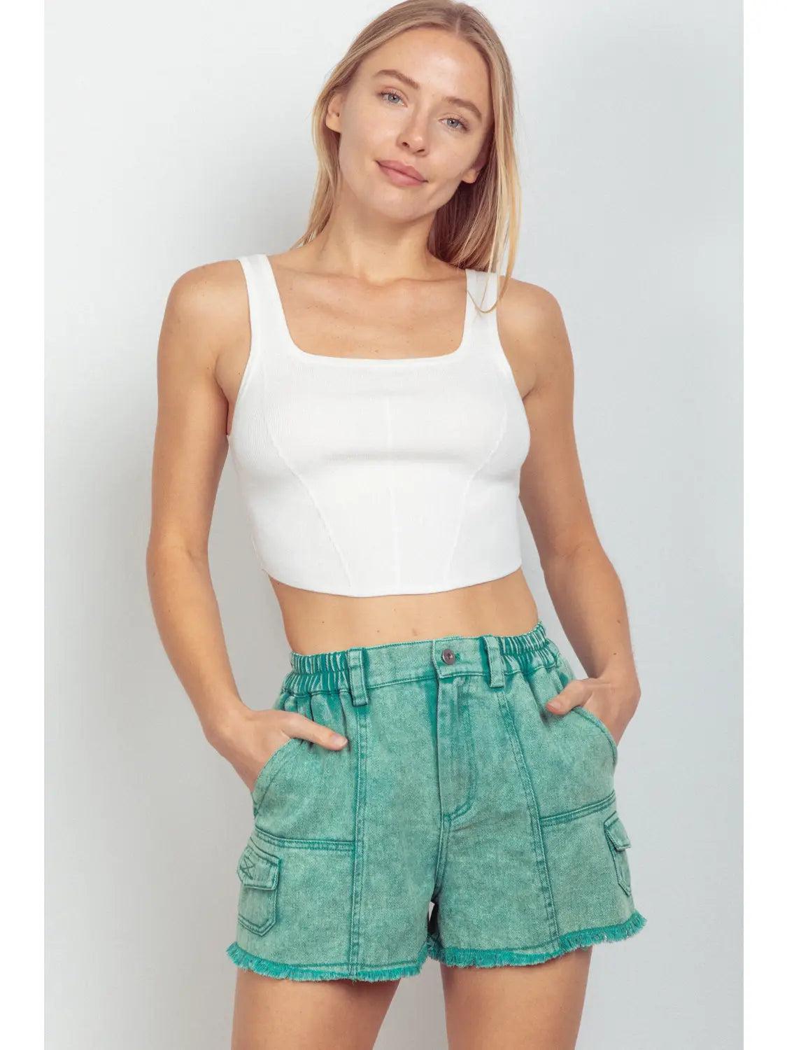 Green Washed Cotton Twill Washed Denim Cargo Shorts Product Image