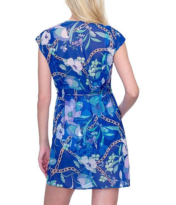 Gottex Semi Sheer Floral Print Surplice V-Neck Cap Sleeve Tie Waist Wrap Dress Swim Cover-Up Product Image