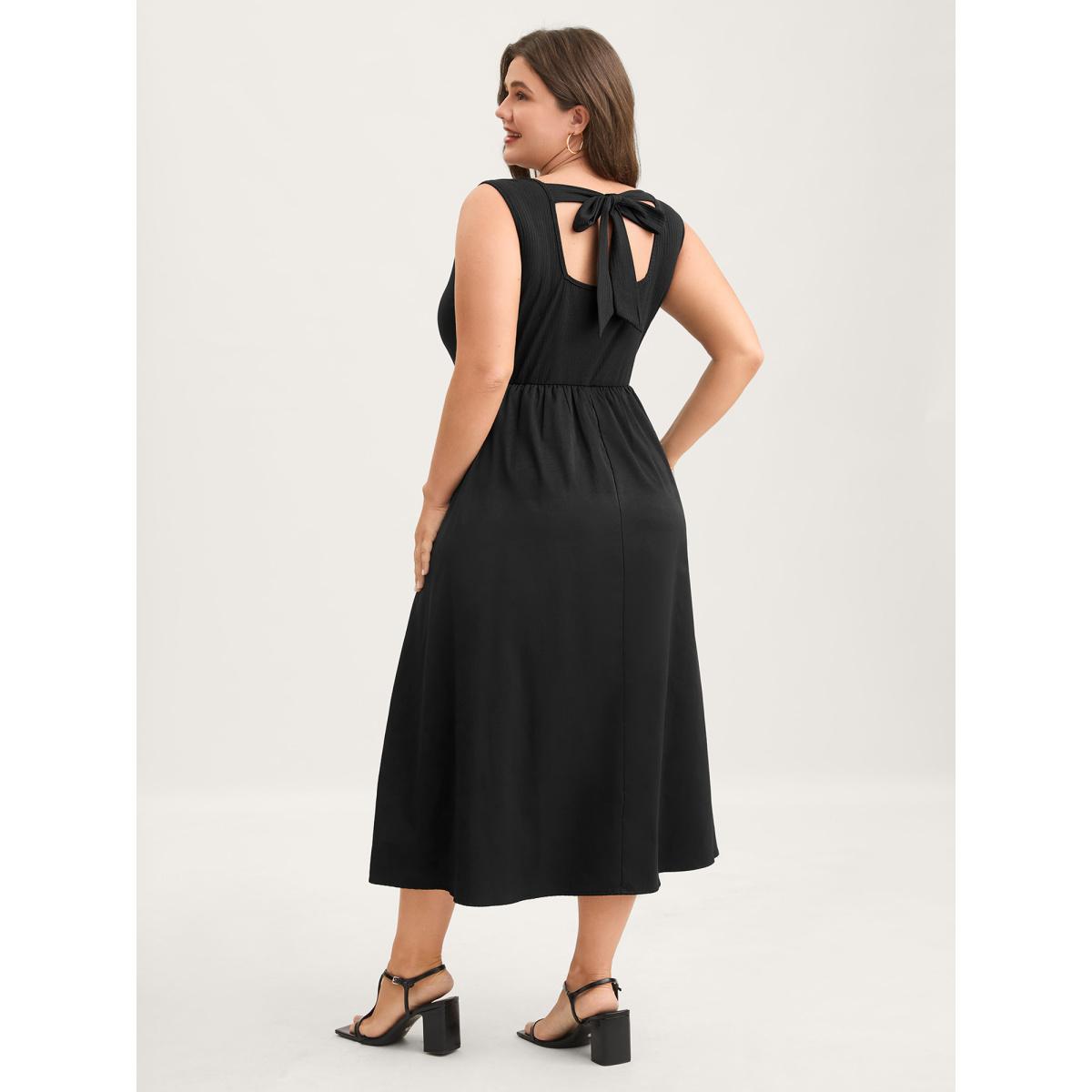 Plus Size Backless Waist-Defining Tie Midi Dress Black Women Timeless Tie knot Round Neck Sleeveless Curvy BloomChic 22-24/3X Product Image