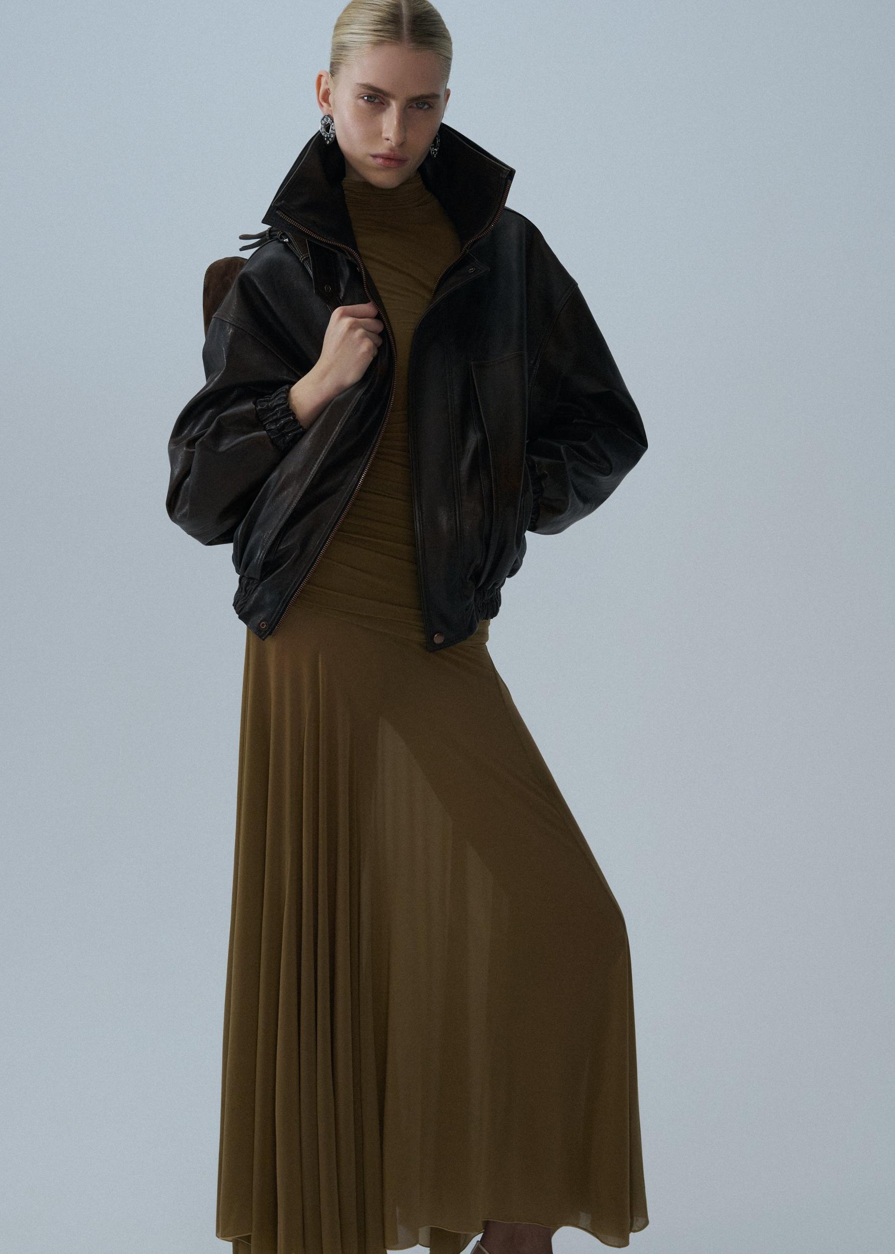 High-neck cupro maxi dress in beige Product Image