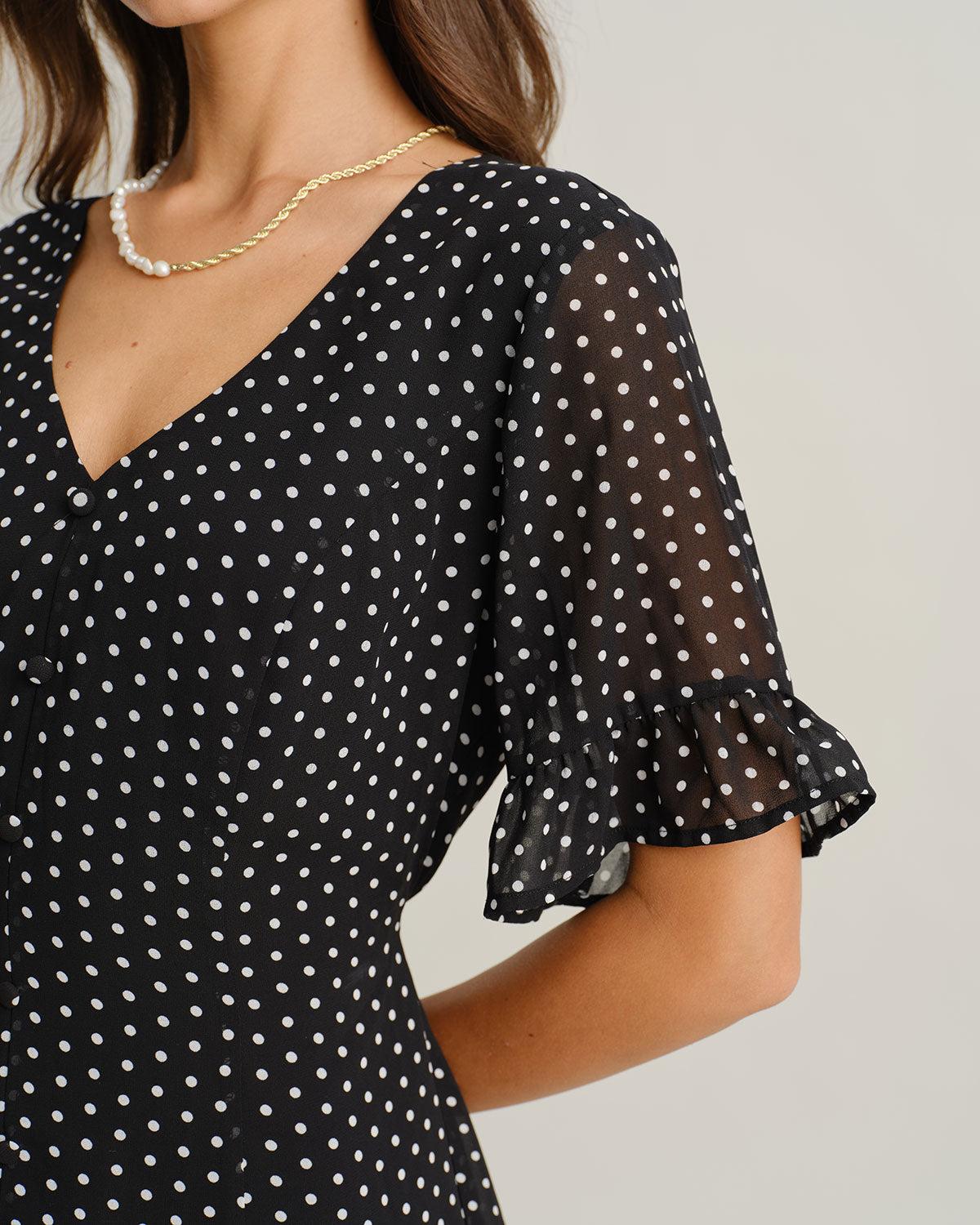 Black Polka Dot V Neck Ruffle Mini Dress Product Image