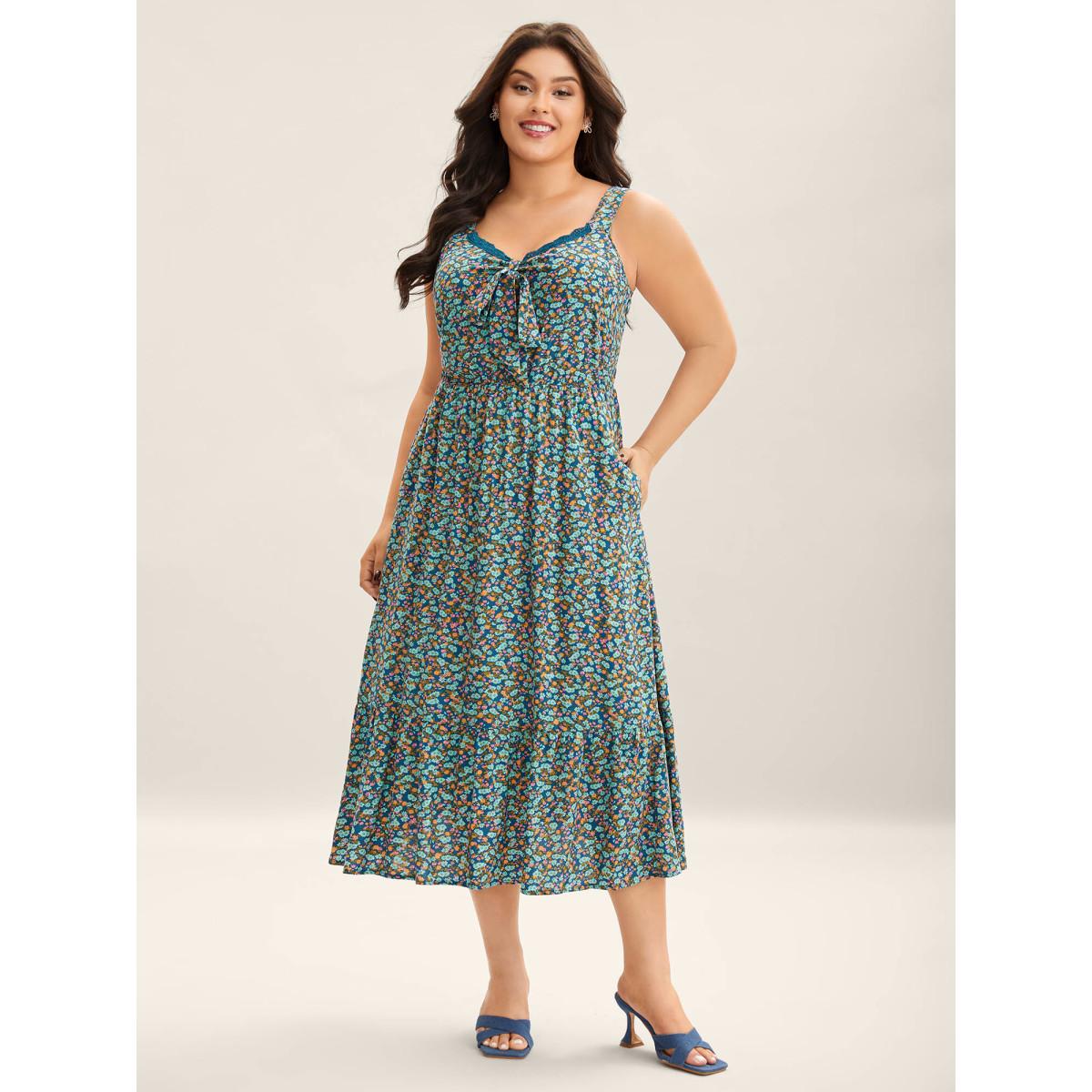 Plus Size Ditsy Floral Print Neck Ribbon Midi Dress Aegean Women Heart neckline Sleeveless Curvy BloomChic 28/5X Product Image