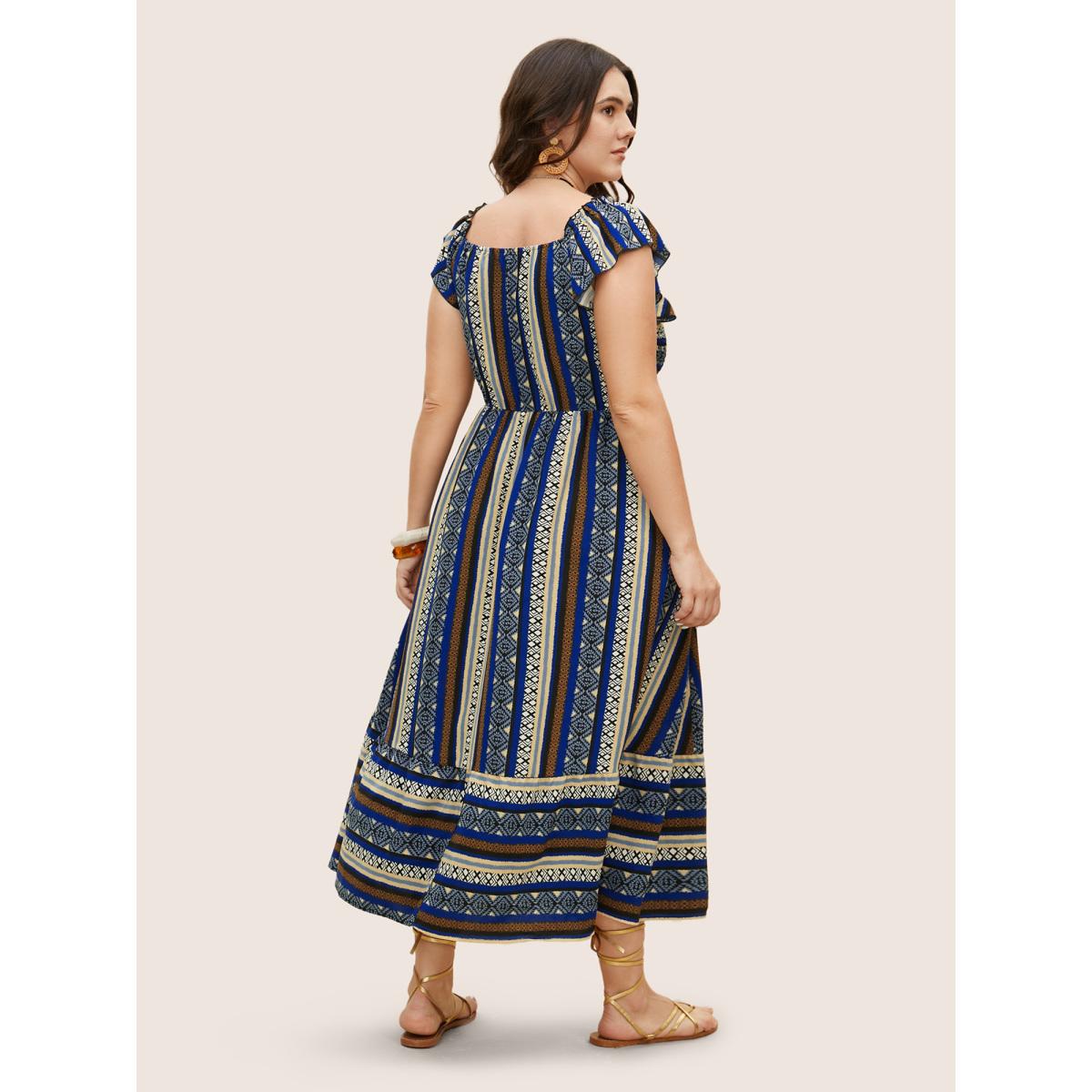 Plus Size Bandana Striped Shirred Ruffle Trim Dress Mediumblue Women Resort Shirred Square Neck Cap Sleeve Curvy BloomChic 18-20/2X Product Image