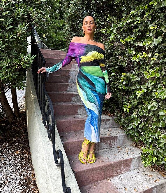 AFRM Cornelia Printed Off the Shoulder Long Sleeve Mesh Midi Dress Product Image