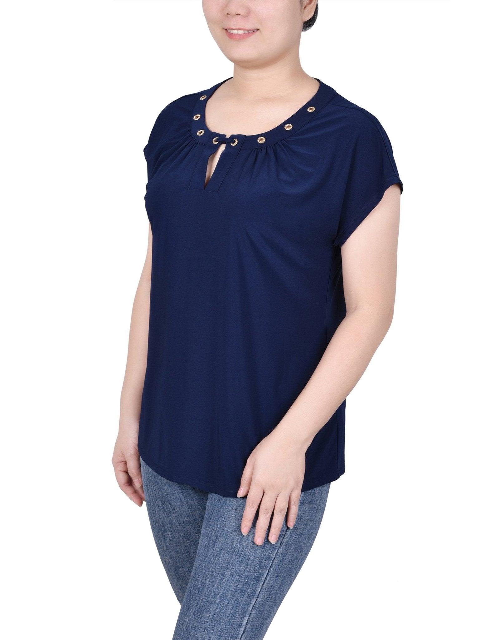 Navy Short Extended-Sleeve Grommet Neck Knit Top - Petite Product Image