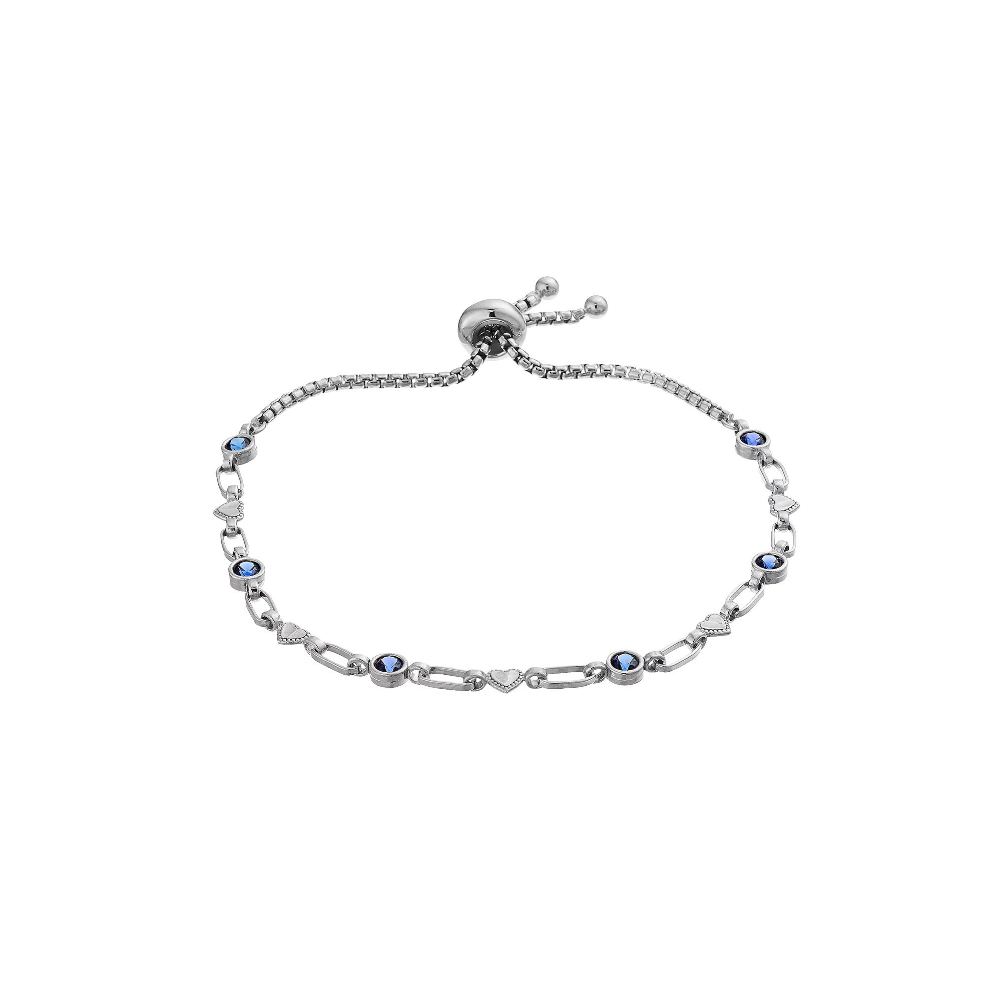 Kristen Kesho Sterling Silver Lab-Created Sapphire & Heart Link Adjustable Bolo Bracelet, Womens Product Image