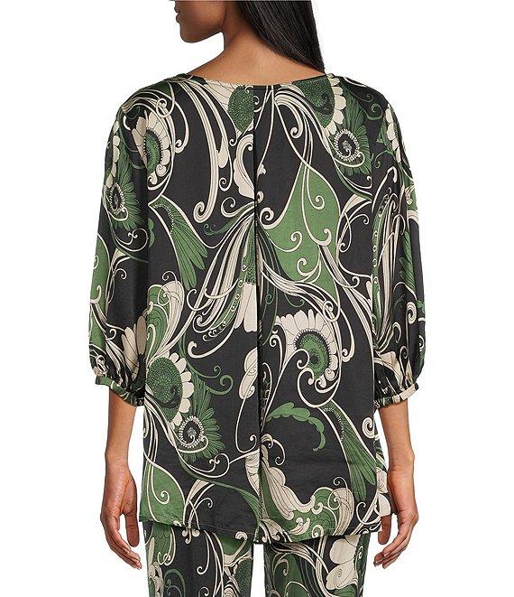 Bryn Walker Coordinating Lucinda Giardino Print Viscose Satin Round Neck 3/4 Sleeve Shirt Product Image