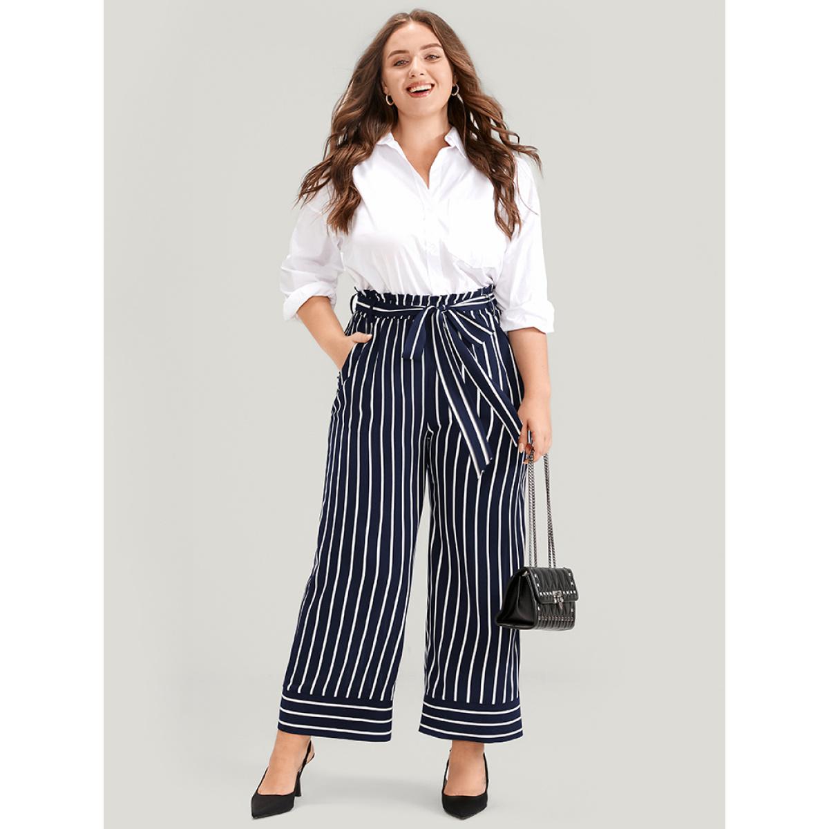 Plus Size Striped Patchwork Pocket Belted Elastic Waist Pants Women Navy Office High Rise Work Pants BloomChic 30/6X Product Image