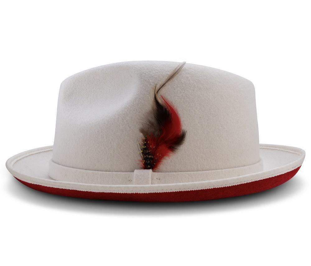 2 ¼" Brim Wool Felt Dress Hat with Feather Accent White with Red Bottom Product Image