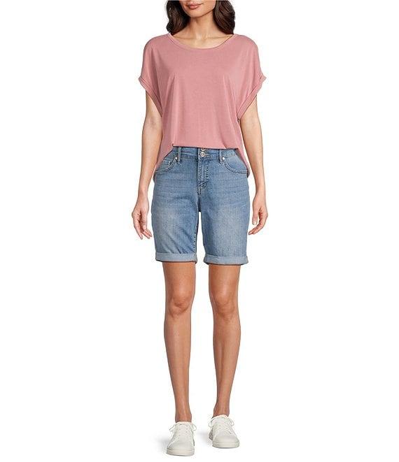 Code Bleu Soho Stretch Denim Mid Rise Embroidered Bermuda Shorts Product Image
