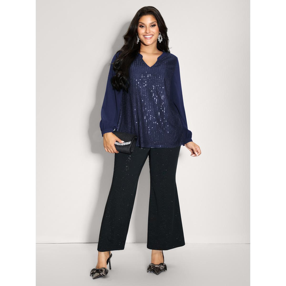 Plus Size DarkBlue Shimmery Sequin Notched Collar Blouse Women Party&Cocktail Extra Long Sleeve Flat collar with V-notch Party Blouses BloomChic 22-24/3X Product Image