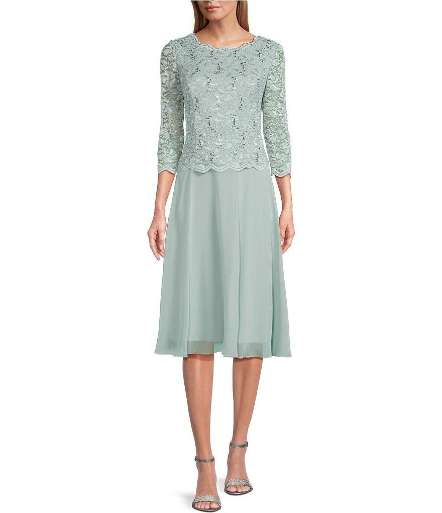 Alex Evenings Crew Neck 3/4 Sleeve Sequin Floral Lace Bodice Chiffon A-Line Midi Dress Product Image