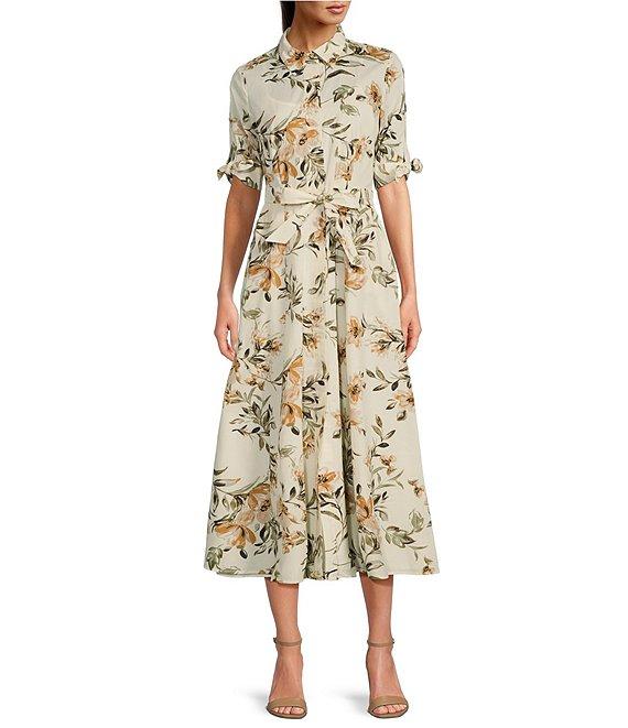 Calvin Klein Short Sleeve Point Collar Tie Waist Floral Pleated Skirt Button Front Midi A-Line Dress Product Image