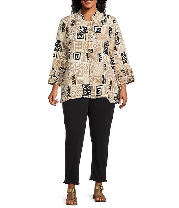 Multiples Plus Size Textured Bark Cloth Patchwork Print Banded Collar 3/4 Sleeve Button Front Jacket Product Image