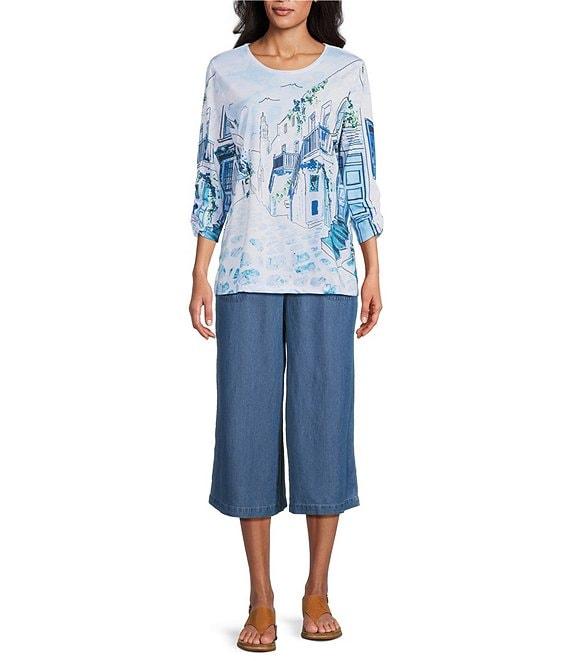 Allison Daley Coastal Retreat Print 3/4 Ruched Sleeve Crew Neck Knit Top Product Image