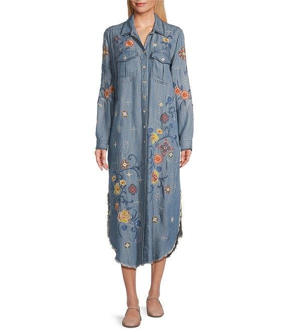 John Mark Floral Embroidered Roll Tab Sleeve Button Up Midi Dress Product Image