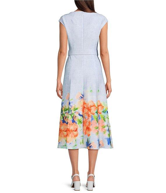 Calvin Klein Scuba Floral Print Cap Sleeve V-Neck A-Line Midi Dress Product Image