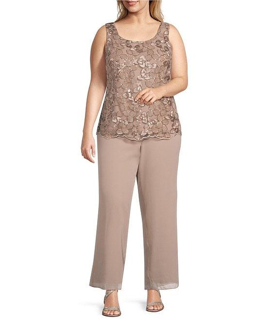 Le Bos Plus Size Georgette 3/4 Bell Sleeve Embroidered Sequin Scoop Neck 3-Piece Pant Set Product Image