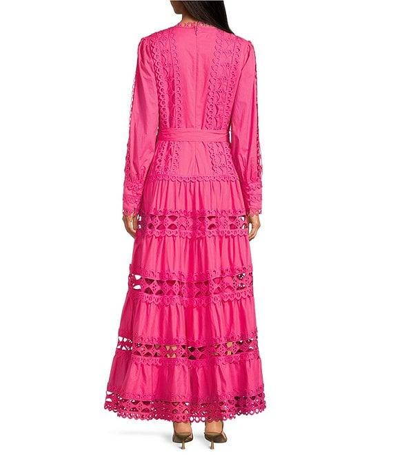 Layered With Love Woven Cotton Crew Neck Blouson Sleeves Belted Crochet Trim A-Line Maxi Dress Product Image