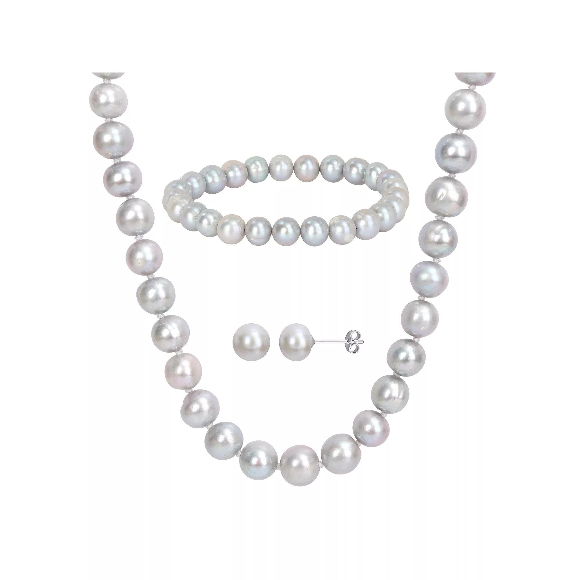 Stella Grace Grey Freshwater Cultured Pearl Necklace, Stretch Bracelet & Stud Earrings 3-piece Set, Women's,  Product Image