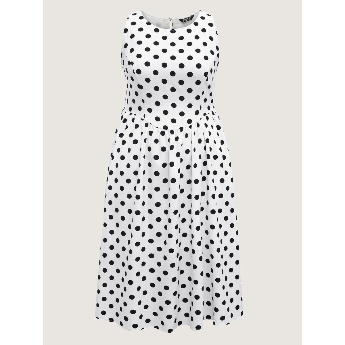 Plus Size Pretty Polka Dots Drop Waist Midi Dress Ivory Women Office Gathered Round Neck Sleeveless Curvy BloomChic 22-24/3X Product Image
