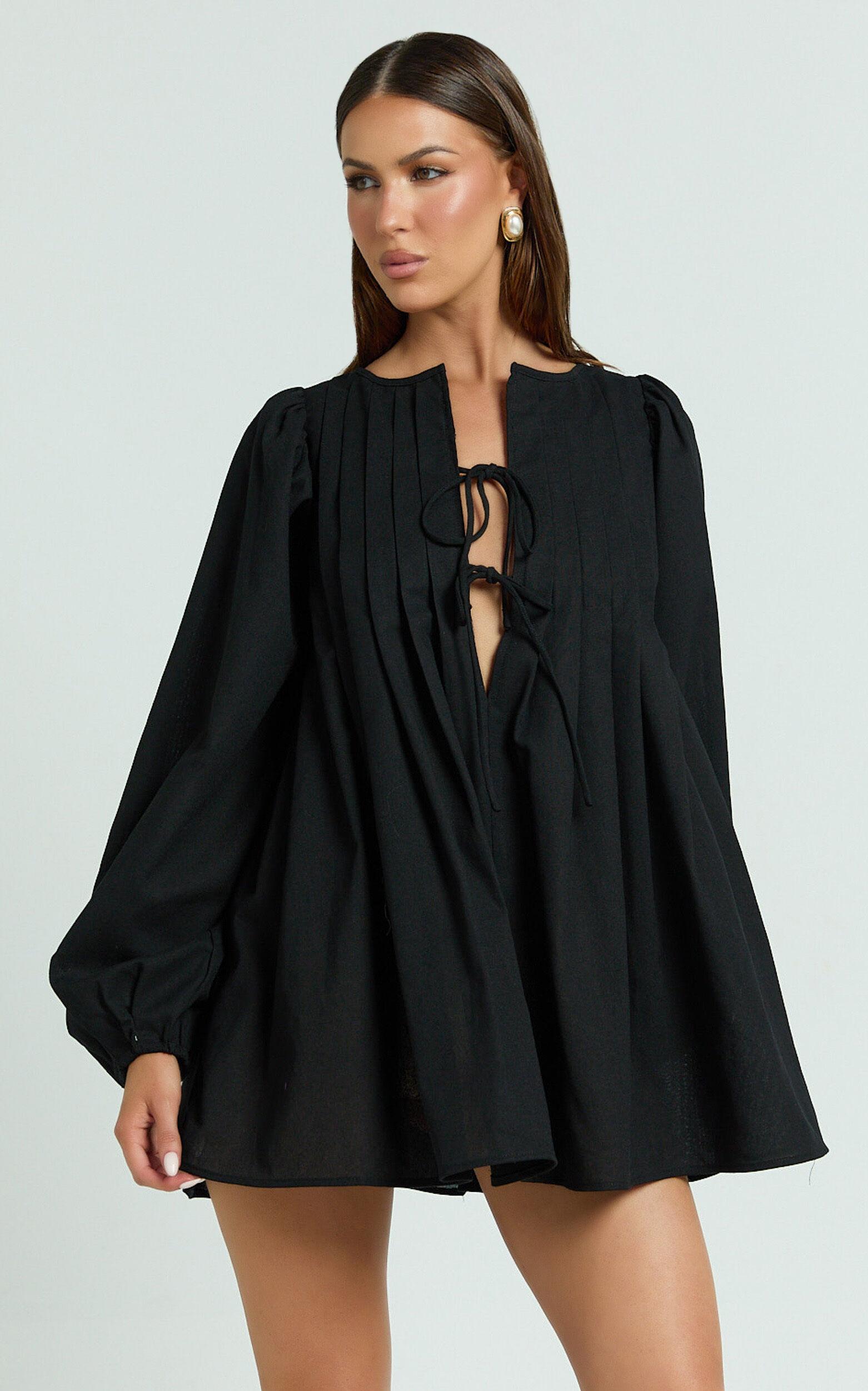 Suzette Mini Dress - High Neck Tie Front Long Sleeve Pleat Front Babydoll Dress in Black Product Image