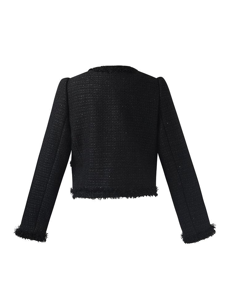 Tweed Fringe V-Neck Women Crop Jacket Product Image