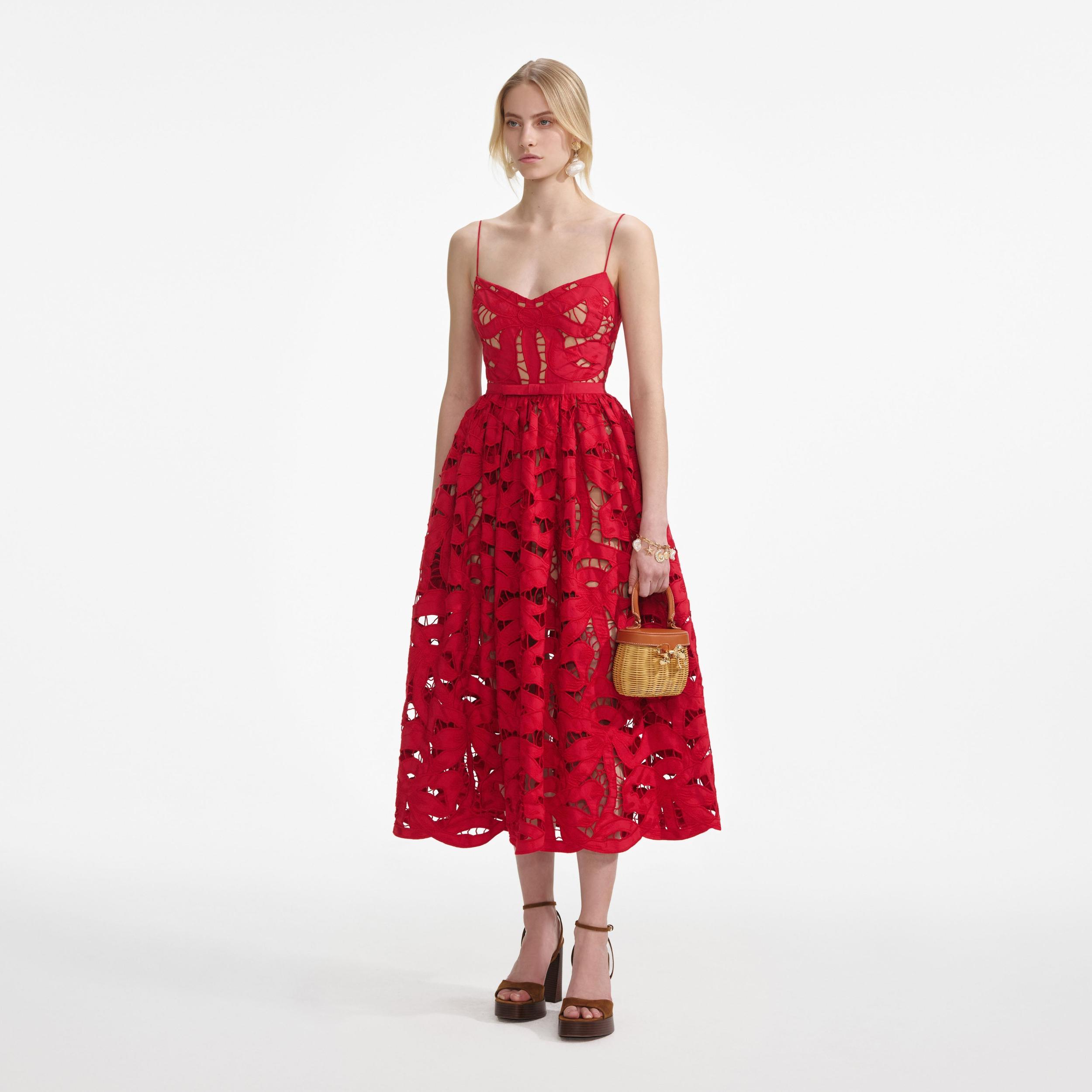 Red Bow Embroidered Midi Dress Product Image