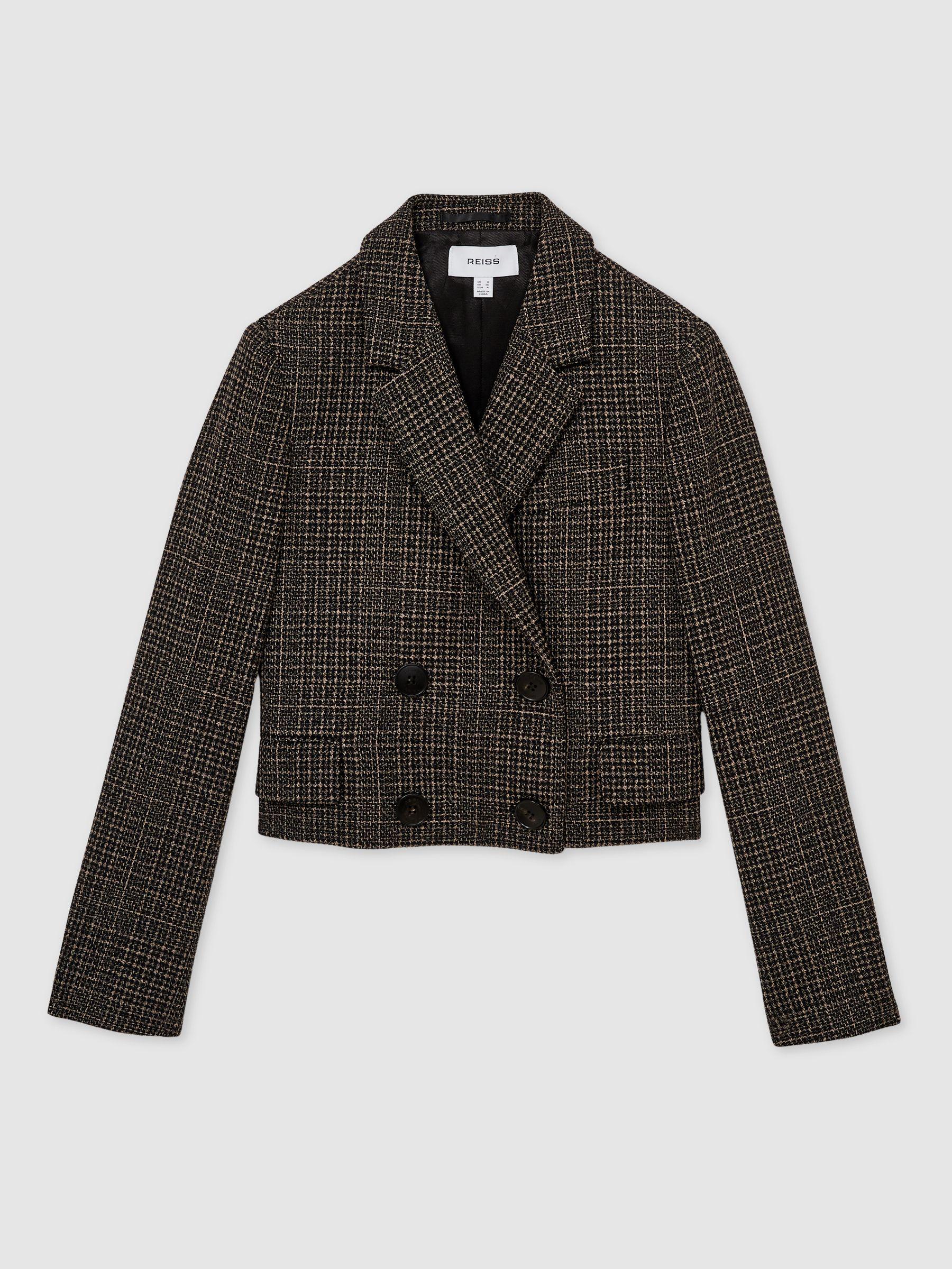 Double-Breasted Tweed Cropped Blazer in Brown Check Product Image