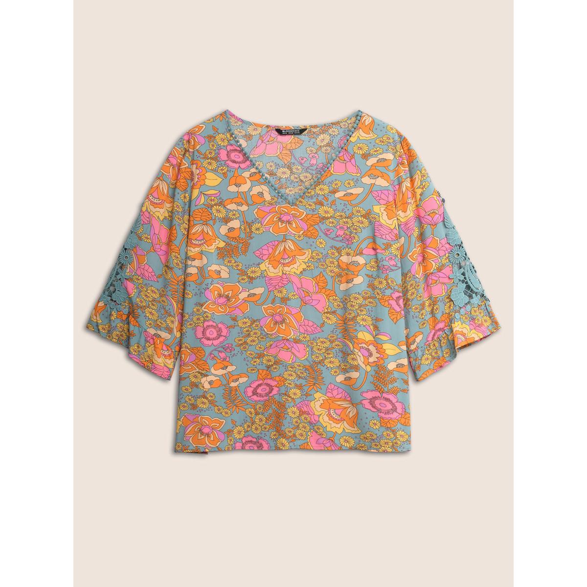 Plus Size Stone Boho Print Guipure Lace Ruffles Blouse Women Boho Elbow-length sleeve V-neck Vacation Blouses BloomChic 28/5X Product Image