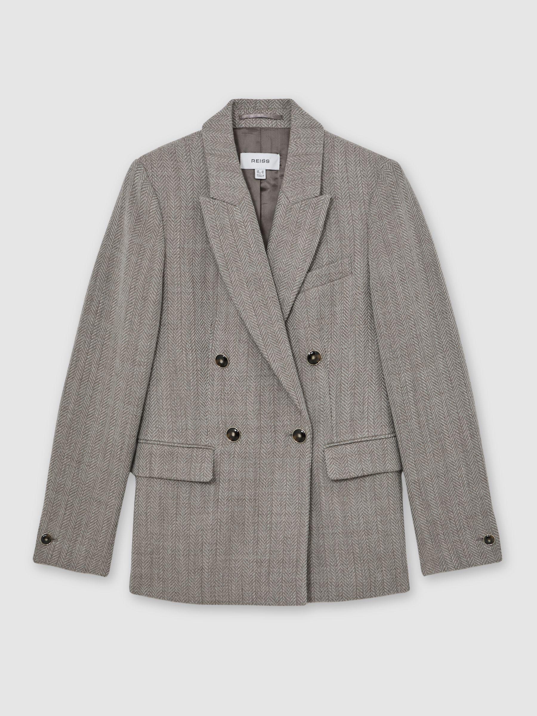 Herringbone Double-Breasted Blazer Wool-Cotton in Grey Product Image