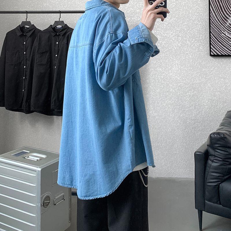 Long Sleeve Collared Washed Denim Shirt Product Image