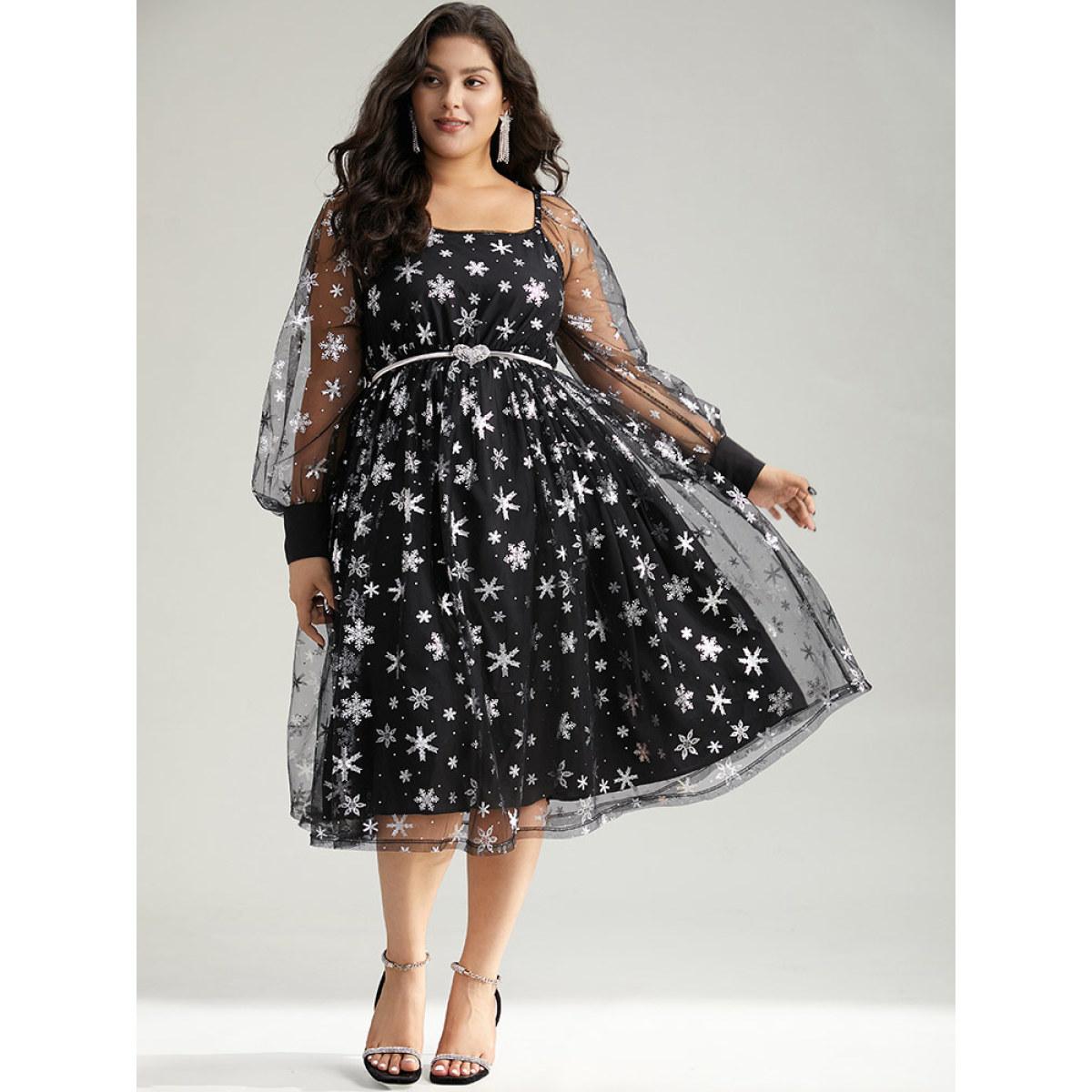 Plus Size Christmas Snowflake Glitter Mesh Square Neck Dress Black Women Party Gathered Square Neck Long Sleeve Curvy Midi Dress BloomChic 12/L Product Image