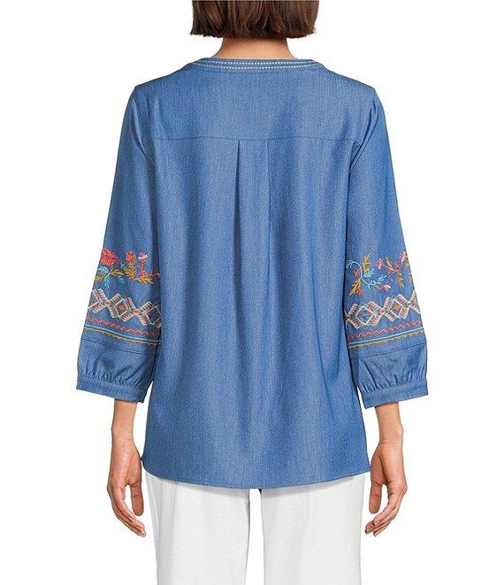 Calessa Embroidered Patchwork Split V-Neck 3/4 Sleeve Tunic Product Image
