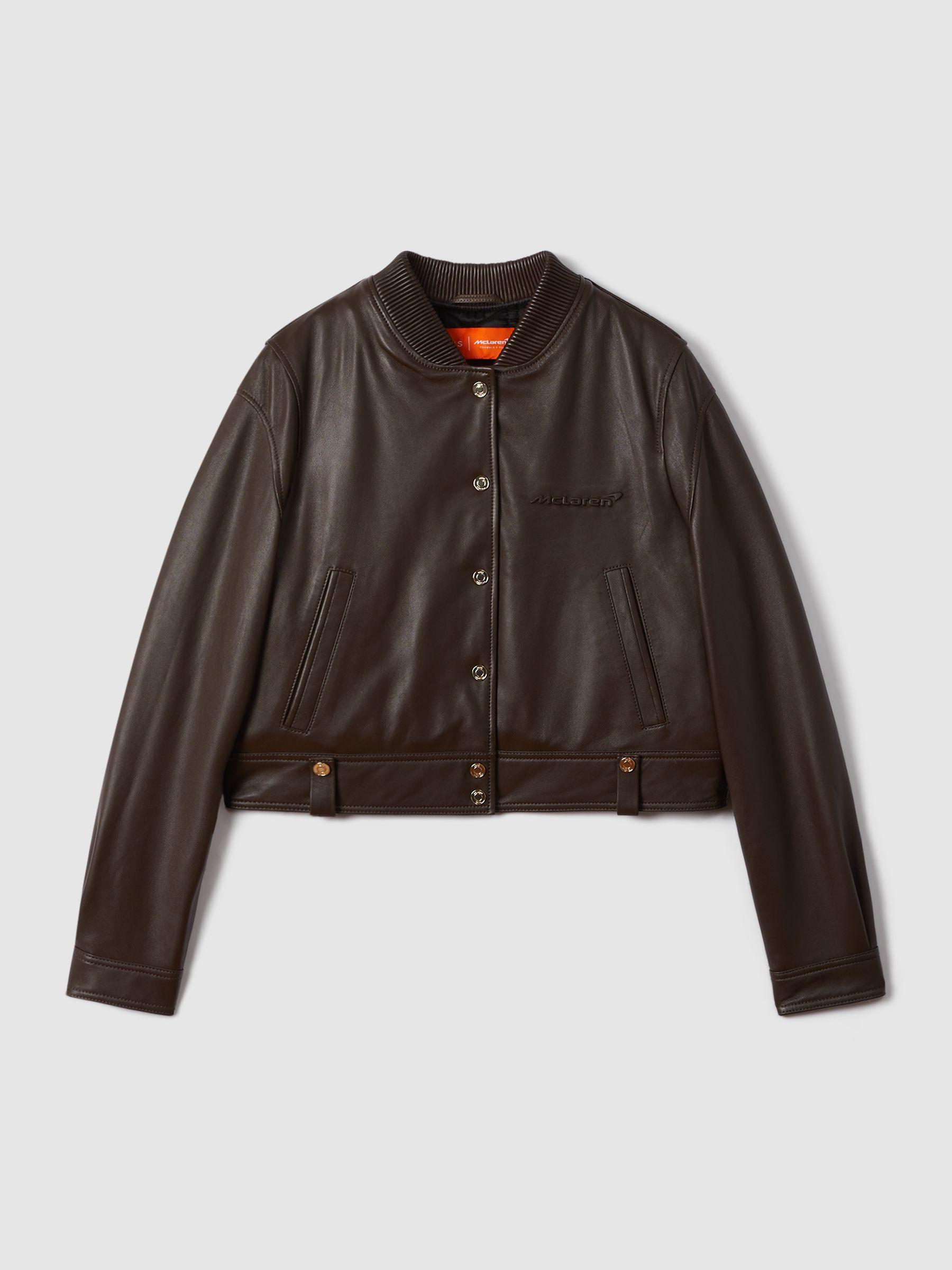 McLaren F1 Cropped Leather Bomber Jacket in Chocolate Product Image