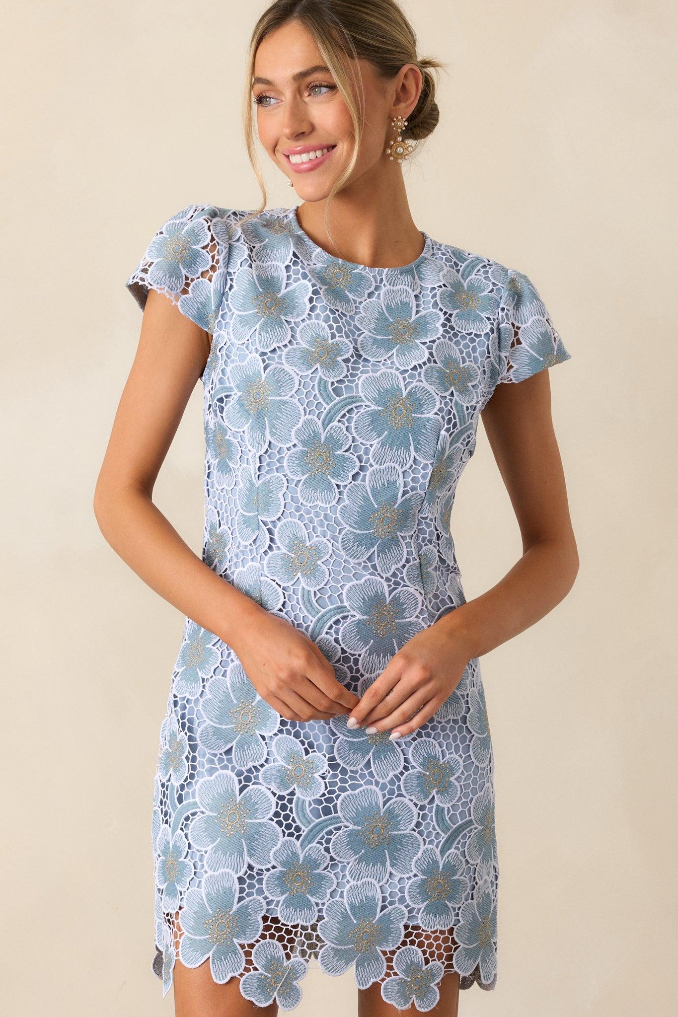 Little Moments Sky Blue Floral Embroidered Mini Dress Product Image