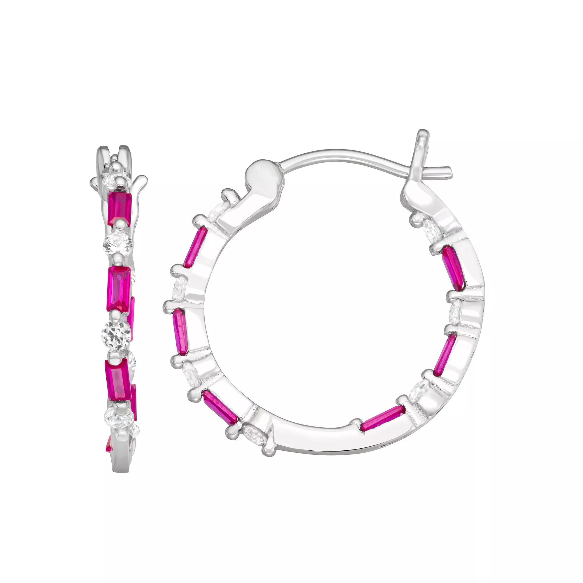 Sterling Silver Lab-Created Gemstone Hoop Earrings, Women's, Red Product Image