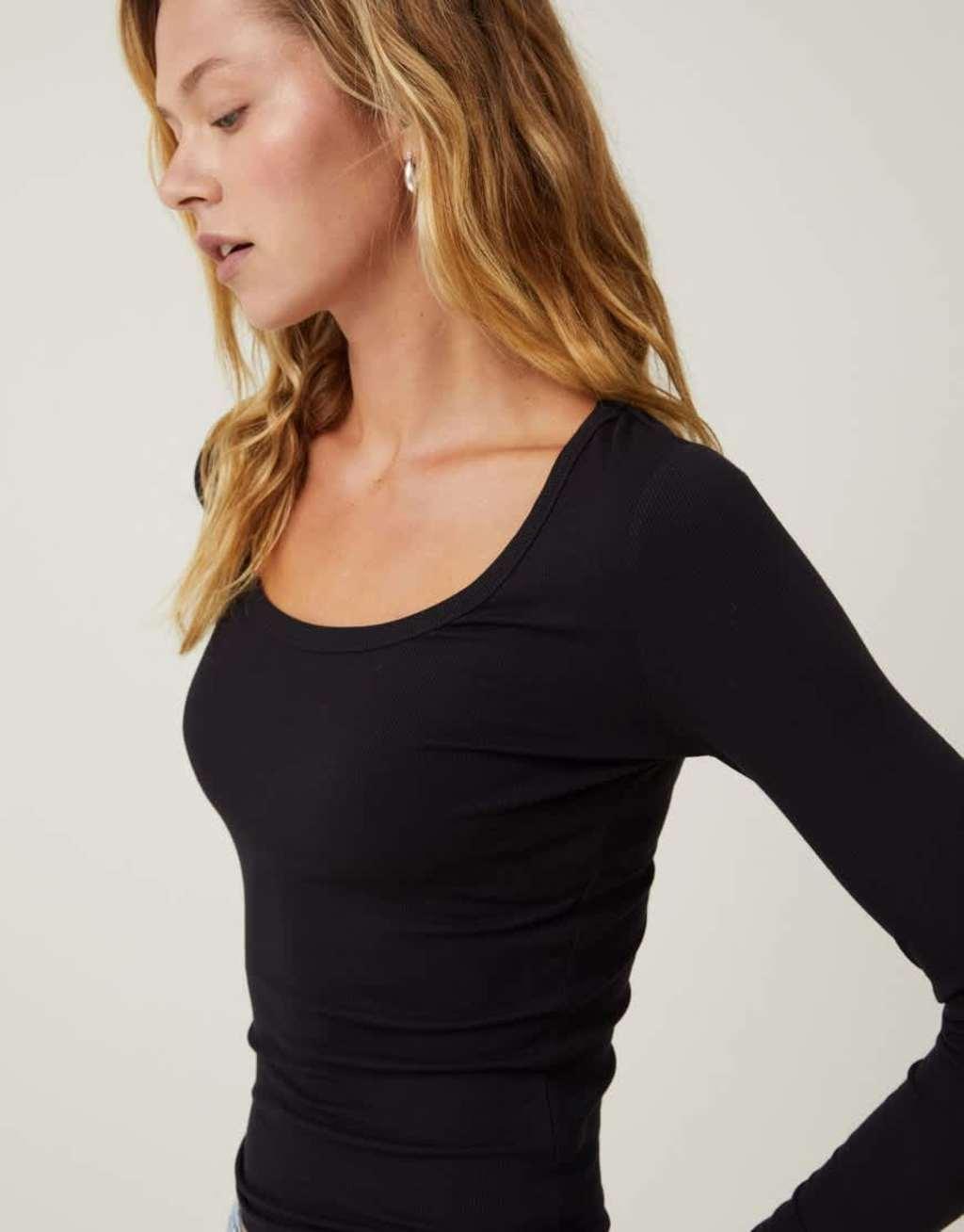 Cotton On ribbed scoop neck long sleeve top in black Product Image