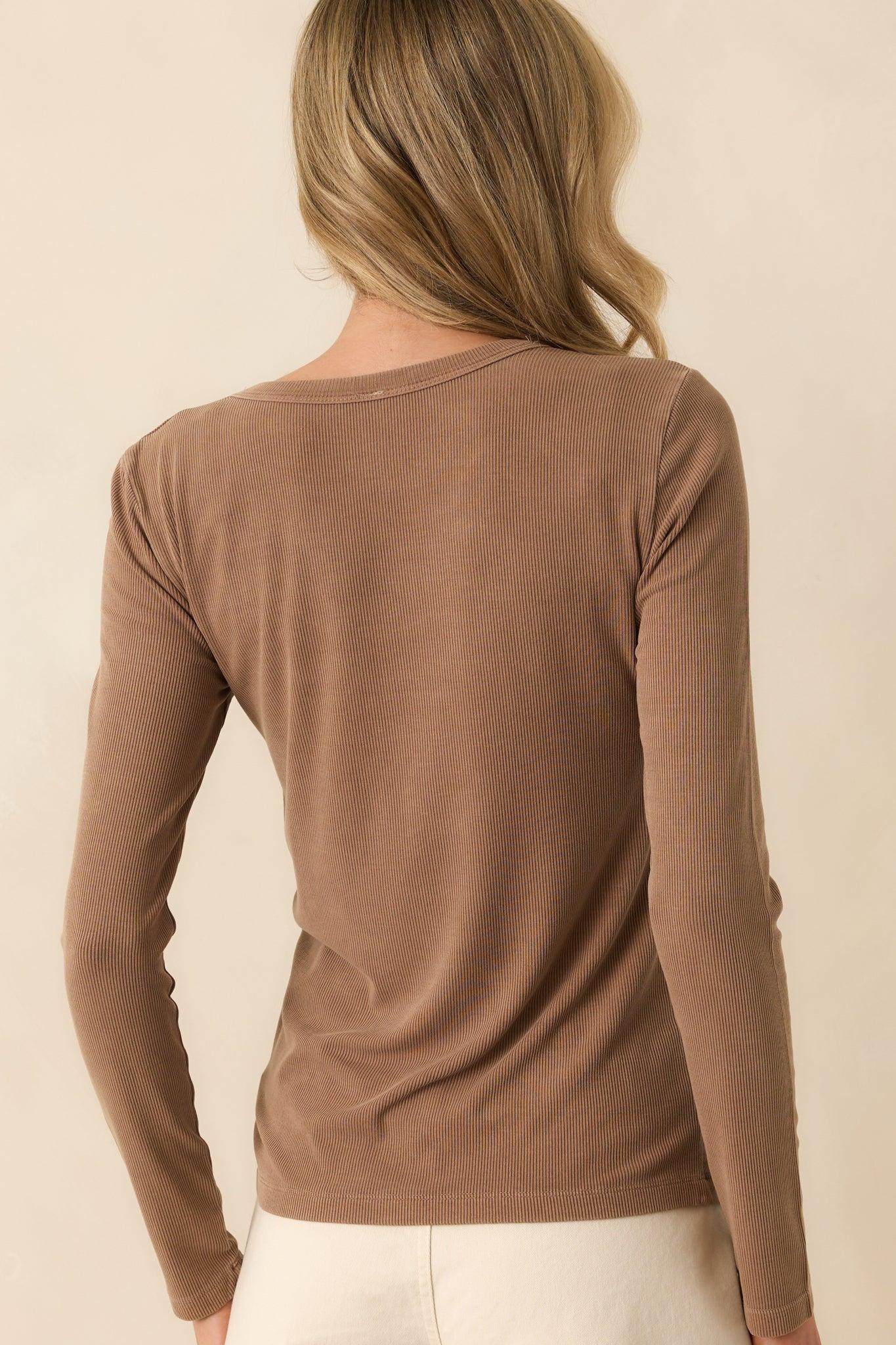 There When You Need It Mocha Brown Ribbed Long Sleeve Tee L / Mocha Product Image