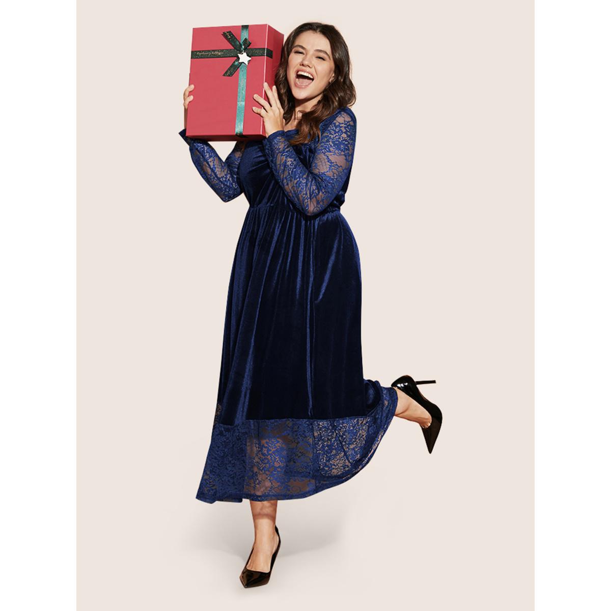 Plus Size Solid Contrast Lace Pocket Round Neck Velvet Dress DarkBlue Women Glamour Lace Round Neck Long Sleeve Curvy Midi Dress BloomChic 30/6X Product Image