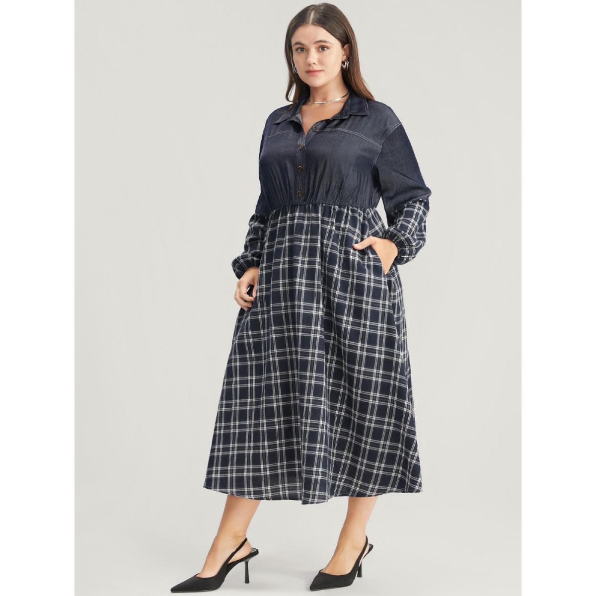 Plus Size Gingham Patchwork Button Pocket Shirt Collar Dress Without Belt Navy Women Office Patchwork Shirt collar Long Sleeve Curvy Midi Dress BloomChic 18-20/2X Product Image